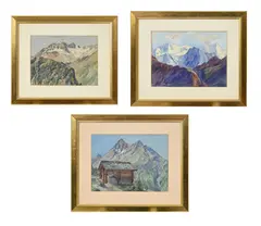 Emile Martin, Paysages de montagne, suite de trois aquarelles sur papier