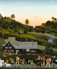 Albert Manser, Alpsfahrt Morgen früh, 1996, huile sur carton