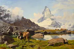 Albert Lugardon, Vue du Cervin et vaches paissant au Rieffelsee, huile sur toile