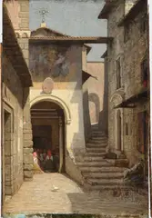 Jacques Alfred van Muyden, Villageois à l'église, huile sur panneau