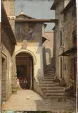 Jacques Alfred van Muyden, Villageois à l'église, huile sur panneau
