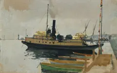 Daniel Ihly, Bateau et barques au port, huile sur toile