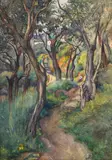 Paul Huguenin, Jeune fille dans un bois, aquarelle sur papier