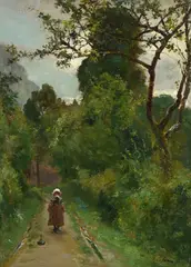 Adolphe Grison, Jeune fille dans un sentier arboré, huile sur panneau