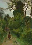 Adolphe Grison, Jeune fille dans un sentier arboré, huile sur panneau