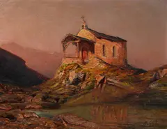 Albert H. Gos, Chapelle du lac noir, huile sur panneau
