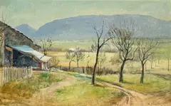 Ellis Zbinden, Paysage de campagne, huile sur toile