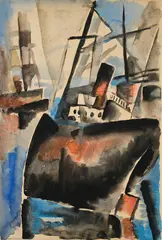 Gustave Buchet, Le cargo échoué au port, 1988, aquarelle et encre sur papier