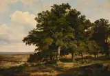 Maximilian August Zimmermann, Sans titre, 1838, Paysans sur un chemin bordé de chênes, huile sur papier marouflé sur toile