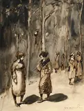 Théophile Steinlen, Scène de rue animée, encre et lavis sur papier