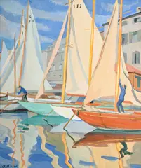 Edmond Astruc, Voiliers au port, huile sur papier
