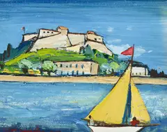 Alan Lowndes, Sans titre, Voilier jaune sur la mer, gouache sur carton