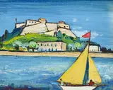 Alan Lowndes, Sans titre, Voilier jaune sur la mer, gouache sur carton
