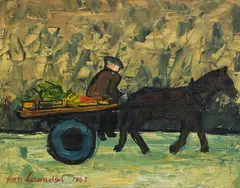 Alan Lowndes, Cheval tirant une calèche, 1963, huile sur carton