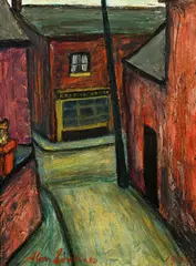 Alan Lowndes, Street Scene St. Ives, 1964, huile sur carton