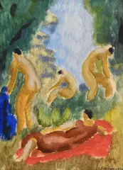 André Julien Prina, Nus à la baignade, 1934, huile sur papier marouflé sur toile