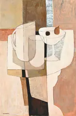 Charles Monnier, Composition grise et rose, huile sur papier marouflé sur toile