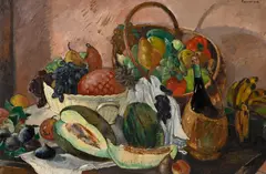 Rodolphe Fornerod, Nature morte aux fruits et à la bouteille de vin, huile sur carton