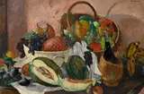 Rodolphe Fornerod, Nature morte aux fruits et à la bouteille de vin, huile sur carton