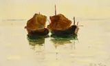 Edmond-Jean de Pury, Sans titre, Deux barques sur le lac, huile sur panneau