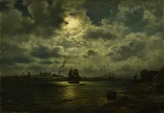 Wilhelm Xylander, Port au clair de lune, huile sur panneau