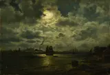 Wilhelm Xylander, Port au clair de lune, huile sur panneau