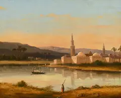 Nicolas Prevost, Paysage orientaliste avec une cité au bord de l'eau, huile sur toile marouflée sur carton