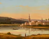 Nicolas Prevost, Paysage orientaliste avec une cité au bord de l'eau, huile sur toile marouflée sur carton