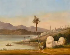 Nicolas Prevost, Paysage orientaliste animé, 1856, huile sur toile marouflée sur carton
