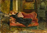 Sans titre by Mariano Fortuny Marsal, 1867, Jeune femme allongée sur un canapé, huile sur panneau, sold Jun 2025