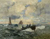 Andreas Dirks, Sans titre, Barque sur une mer agitée, huile sur toile