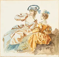 Deux femmes assises by Jean-Baptiste Le Prince, pierre noire et aquarelle sur papier, sold Jun 2025