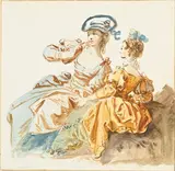 Jean-Baptiste Le Prince, Deux femmes assises, pierre noire et aquarelle sur papier