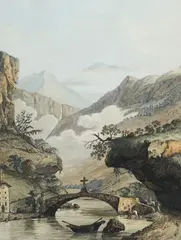 Carl Ludwig Hackert, à Cluse, gravure rehaussée à l'aquarelle