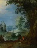 Jan II Brueghel, Paysage boisé avec des promeneurs se reposant, huile sur cuivre