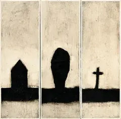Loic Le Groumellec, Maison, mégalithe et croix, 1991, laque sur toile