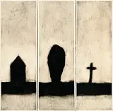Loic Le Groumellec, Maison, mégalithe et croix, 1991, laque sur toile