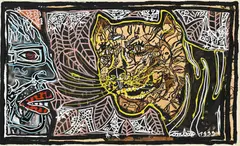 Tu le regardes, il te regarde ce félin aux dents acérées légèrement rigolardes. Il va te manger ! by Robert Combas, 1999, technique mixte sur papier marouflé sur toile, sold Mar 2025