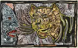 Robert Combas, Tu le regardes, il te regarde ce félin aux dents acérées légèrement rigolardes. Il va te manger !, 1999, technique mixte sur papier marouflé sur toile