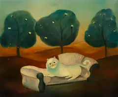 Erwin Pulver, Katze auf Divan, technique mixte sur carton