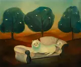 Erwin Pulver, Katze auf Divan, technique mixte sur carton