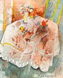 Yoël Benharrouche, Table au bouquet et aux fruits, huile sur toile