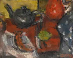 Béla Adalbert Cóbel, Nature morte aux fruits et à la théière, huile sur toile