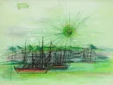 Jean Carzou, Bateaux à quai, 1962, technique mixte sur papier