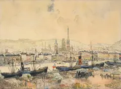 Frank-Will, Port de Rouen, aquarelle et fusain sur papier