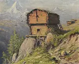 Albert H. Gos, Mazot dans la Vallée de Zermatt devant le Zinalrothorn, huile sur toile