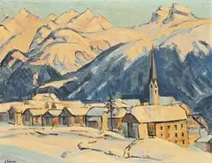 Ernst Samuel Geiger, Village d'Engadine, huile sur toile