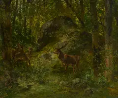 Adolphe Grison, Cerf et biches en forêt, huile sur toile