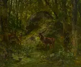 Adolphe Grison, Cerf et biches en forêt, huile sur toile