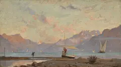 François Bocion, Scène lacustre à l'embouchure de la Veveyse, 1867, huile sur carton